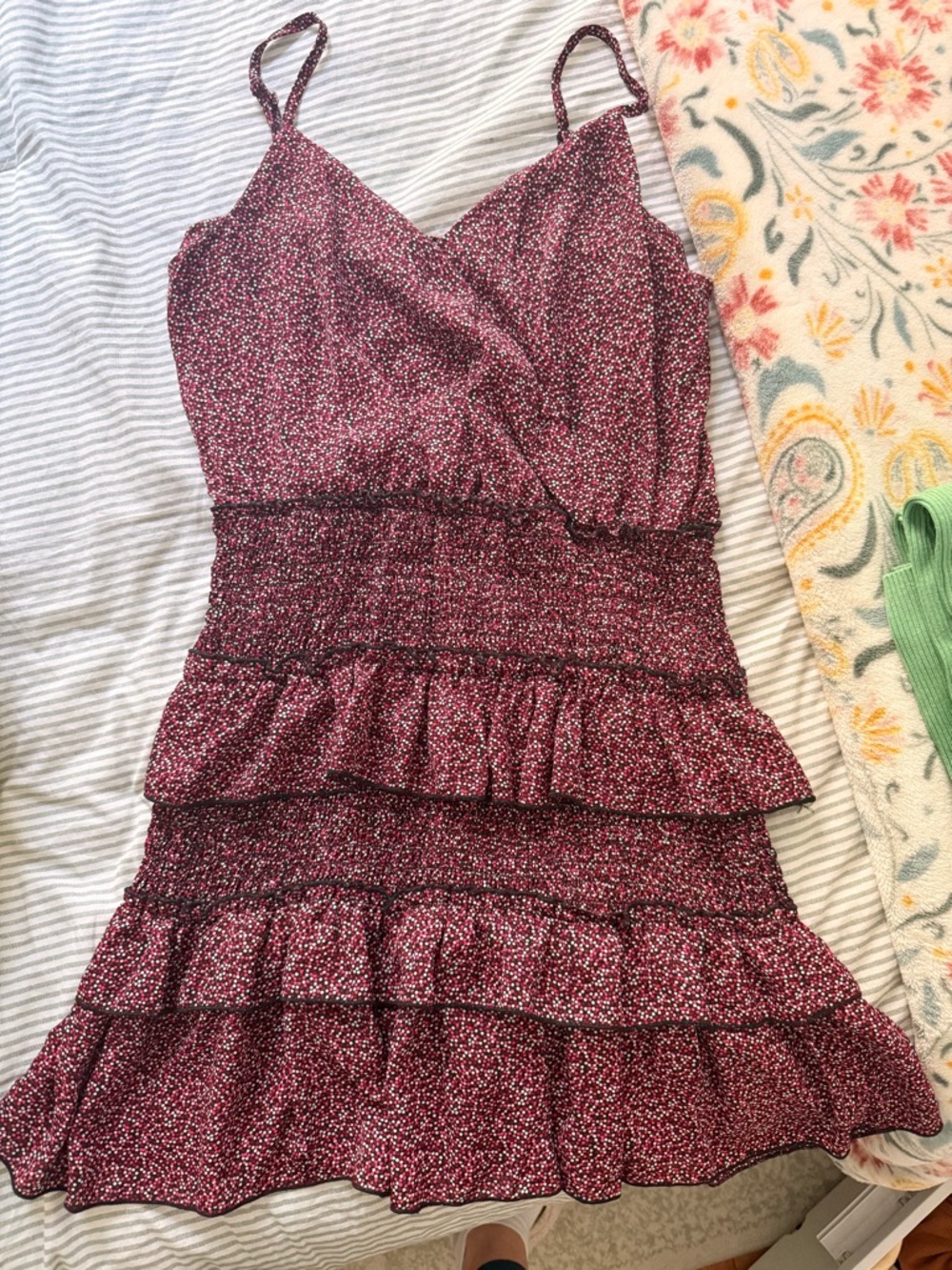 Women's Burgundy Floral Tiered Ruffle Mini Dress